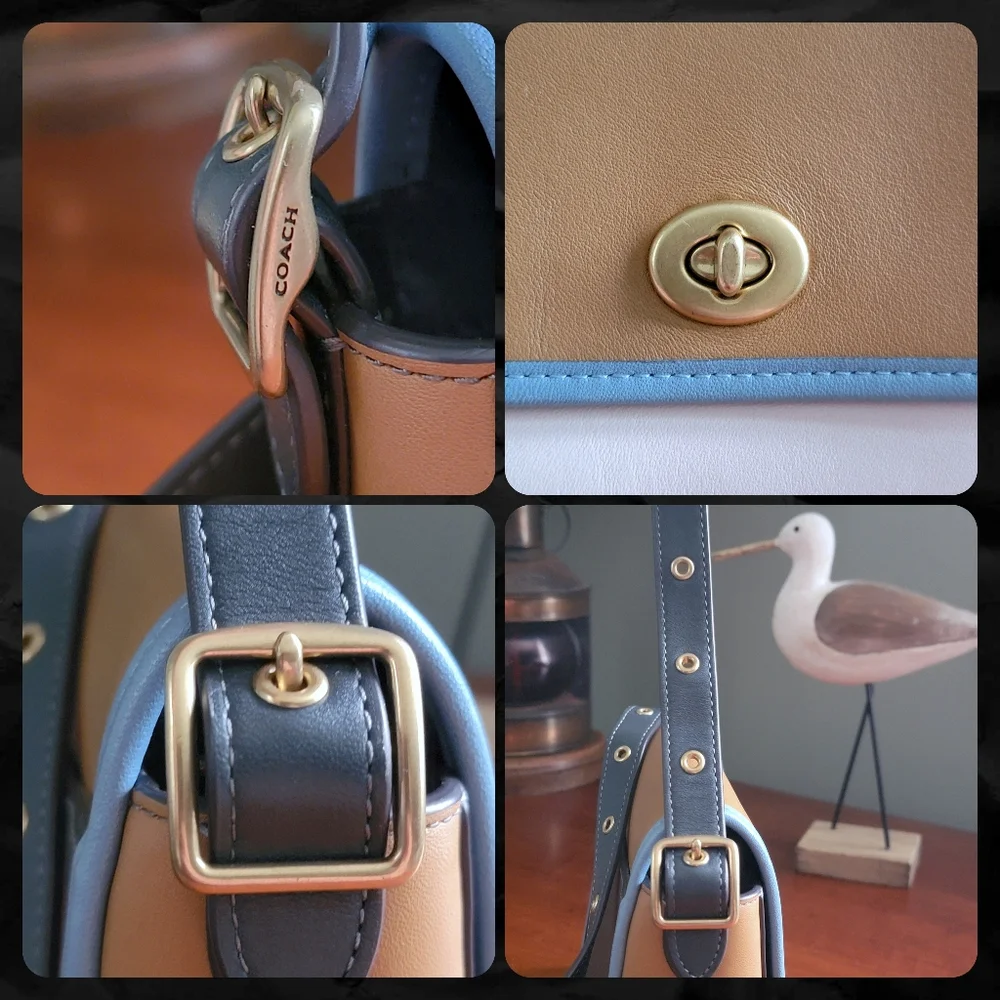 Coach 89126 Rambler 16 Colorblock Tan Blue Pink Leather Crossbody Bag